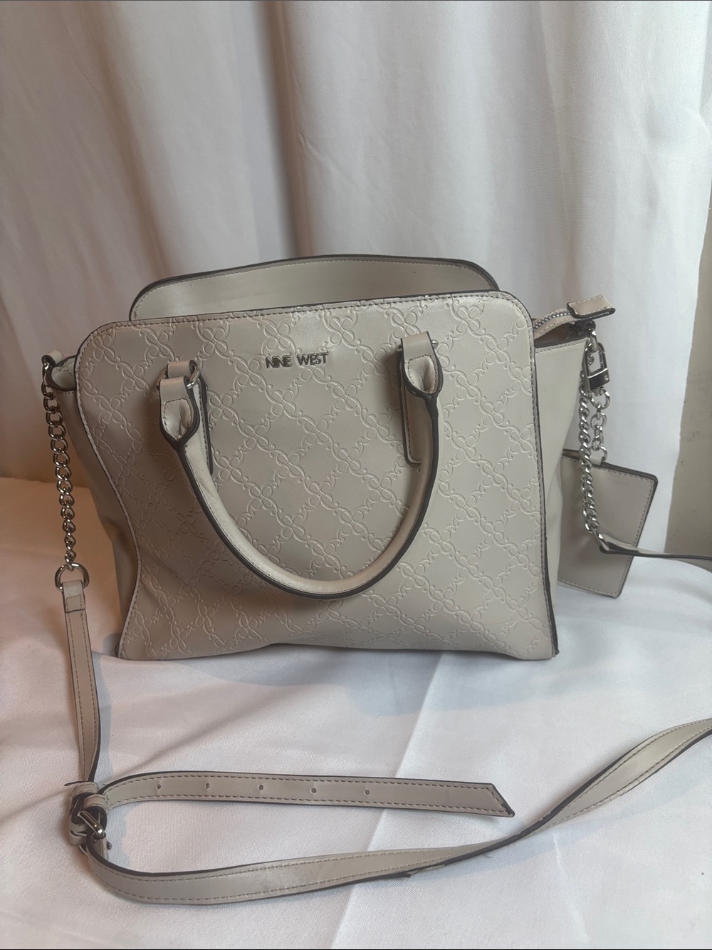 Nine West Cream Embossed Satchel with Chain Strap